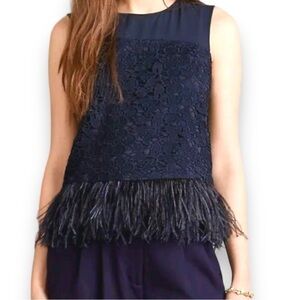 Greylin Lace & Ostrich Feather Zipper Back Tank, Midnight Navy, Size XSP